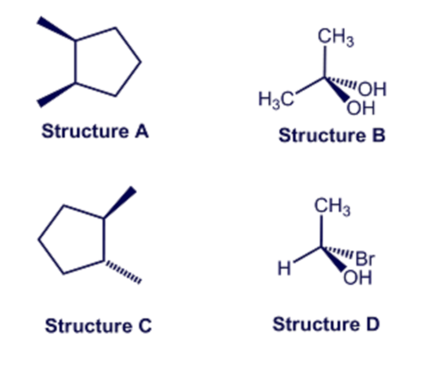 <p>Select all of the structures that are achiral.</p>