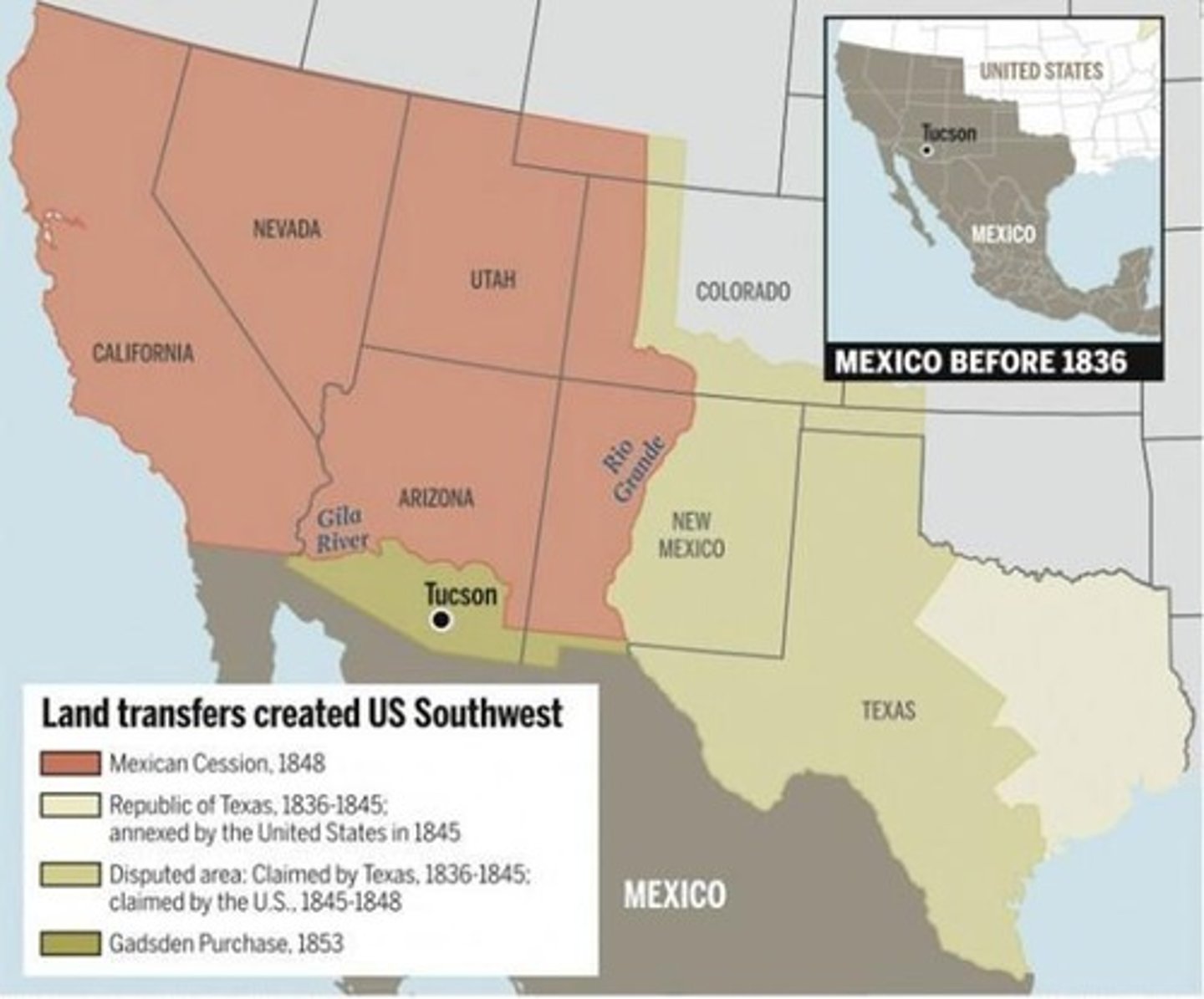 <p>Texas north of the Rio Grande, California, New Mexico, and parts of Arizona, Colorado, Nevada, Utah, and Wyoming for $15 million.</p>