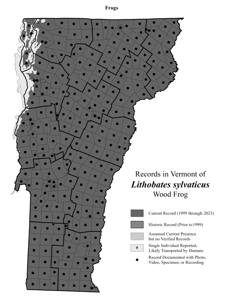 <p>Boreal and temperate forests and wetlands, breed in vernal pools, frogsicle brumation, found throughout VT (S5)</p>