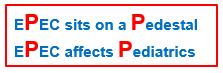 <ul><li><p><strong>"EPEC sits on a Pedestal"</strong> → <strong>EPEC creates pedestal-like lesions</strong> on intestinal cells by rearranging the cytoskeleton. This disrupts cell function and absorption, leading to diarrhea.</p></li><li><p><strong>"EPEC affects Pediatrics"</strong> → <strong>EPEC primarily infects infants and young children</strong> before their gut microbiome is fully developed.</p></li></ul><p></p>