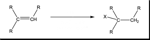<p>Markovnikov addition of H and X (X = Br, Cl, I)</p>