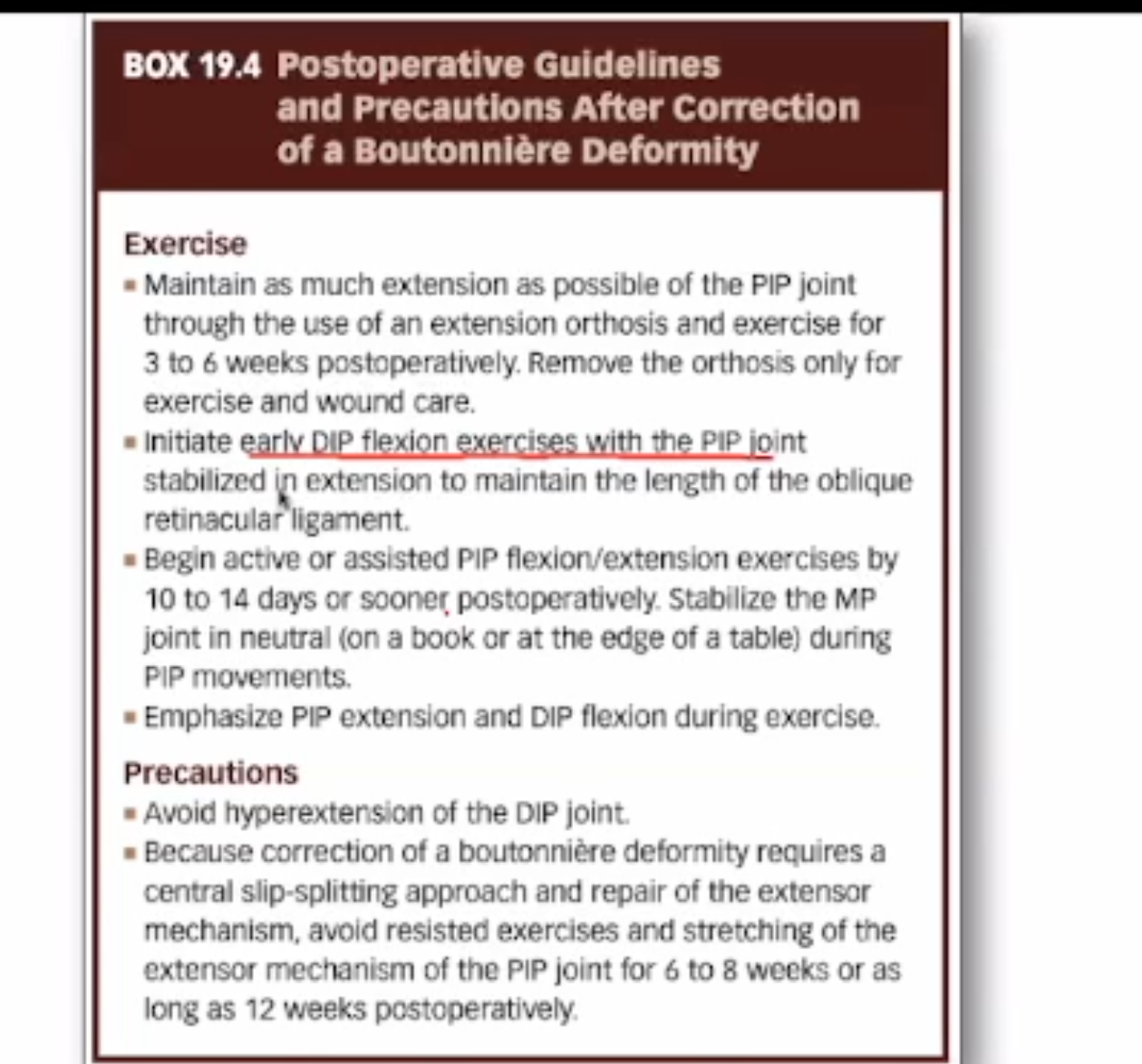 <ul><li><p>C - PIP should be extended</p></li></ul><ul><li><p>Boutonniere’s Deformity&nbsp;</p><ul><li><p>Ext of MCP&nbsp;</p></li><li><p>Flex of PIP&nbsp;</p></li><li><p>Ext of DIP&nbsp;</p></li></ul></li></ul><p></p>