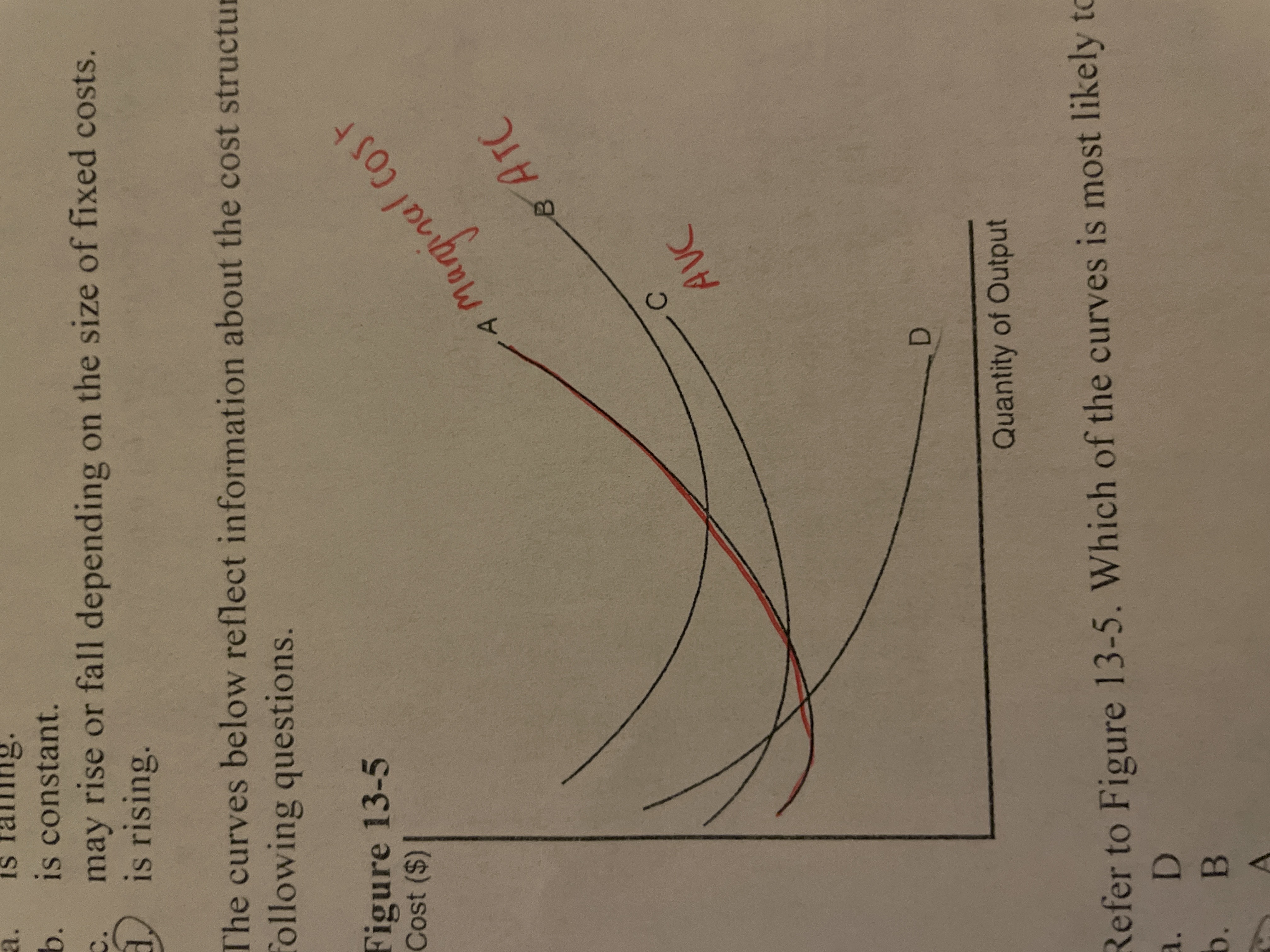 <p>Refer to the image. Which of the curves is most likely to represent marginal cost?</p>