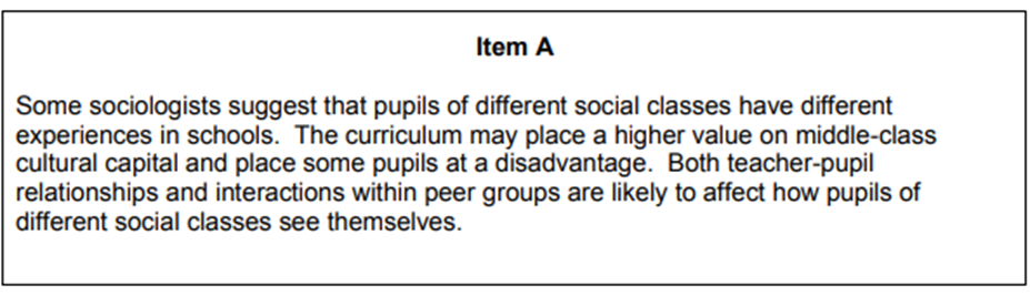 <p>2019: Applying material from item A, analyse two ways in which processes within schools may affect pupils' identities. [10]</p>