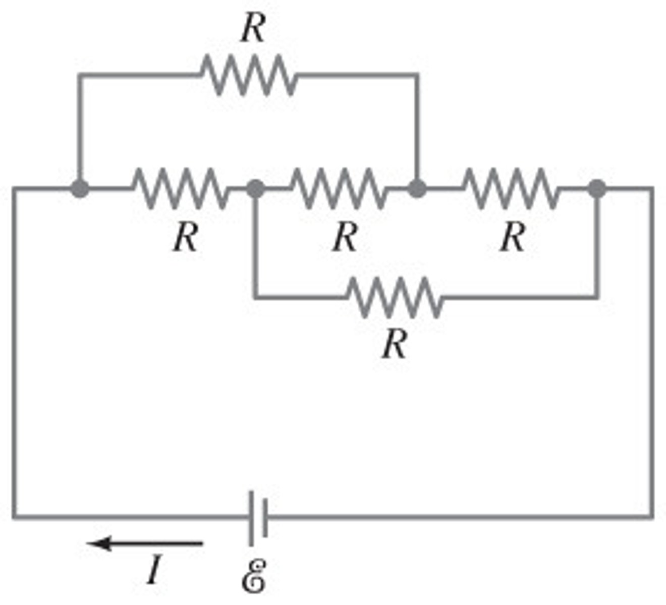 <p>Junction Rules:<br>I = I_1 + I_2 (1)<br>I_2 = I_3 + I_4 (2)<br>I_1 + I_4 = I_5 (3)<br><br>Loop Rules:<br>Top loop: -I_2R - I_4R + I_1R = 0 (4)<br>Bottom loop: -I_2R - I_3R + emf = 0 (5)<br>Small loop: -I_3R + I_5R + I_4R = 0 (6)<br><br>Substitute Junction Rule equations into Loop Rules to solve for the various currents.<br><br>B) Voltage over current.</p>