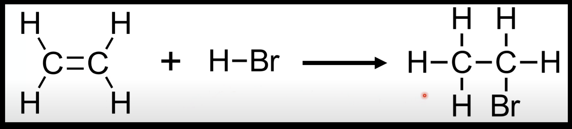 <p>Alkene + HX → halogenoalkane. </p><p>Example: Ethene + HBr → bromoethane.</p>