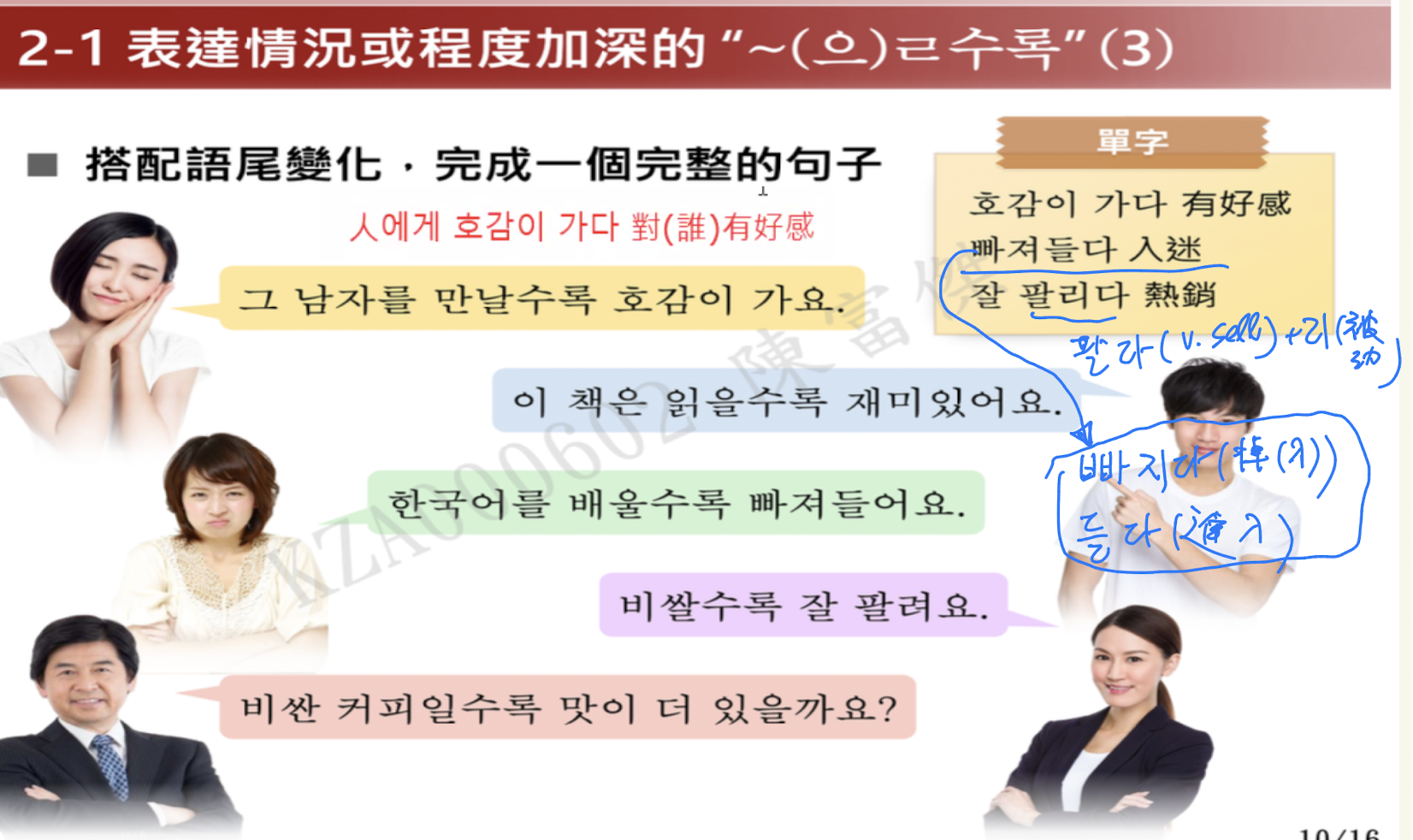 <p>表示情況or程度加深=越來越…</p><p>ety</p><ul><li><p>(으)ㄹ (future tense) 수록(隨錄 →隨著）</p></li></ul><p>用法</p><ul><li><p>V/A無尾音or尾音ㄹ + ㄹ수록</p></li><li><p>V/A有尾音 + 을수록</p></li><li><p>N이다+ㄹ수록 → 일수록</p></li></ul><p></p>