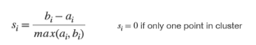 mean distance ai to all members of his cluster, bi smallest average distance to members of all other clustrs 

Interpretation: 

si \~ 1 → object very well clustered 

si \~ 0 ambigous object

si < 0 wrong assignment 