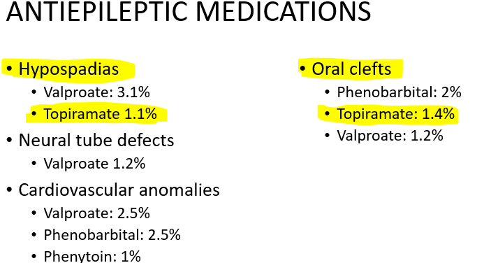 <p>valproic acid, phenytoin, phenobarbital, and topiramate </p>