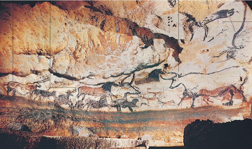 <ul><li><p>Paleolithic</p></li><li><p>Ancient Ox are shown as well as other animals</p></li></ul><ul><li><p>No ground is presented (usually all paleolithic art shows no ground or setting)</p></li></ul><p></p>