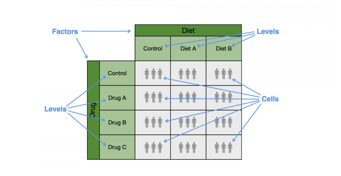 <p><span>can be visualized as a two-dimensional grid.</span></p><p><span>One factor can be shown as columns and the other factor as rows. For example, a study looking at the impact of diet type and drug type on blood pressure could have the following grid layout.</span></p>