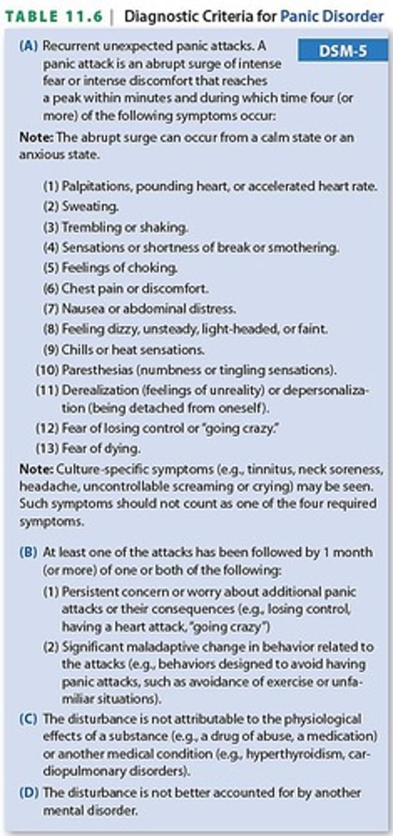 <p>A condition characterized by recurrent unexpected panic attacks and persistent concern about having more attacks.</p>