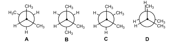 <p><span style="font-family: &quot;Times New Roman&quot;; line-height: normal; font-size: 7pt;"><span> </span></span>What is the rank order of stability from most stable to least stable for the following conformers of 1-methylbutane?</p><p><span><span>A)</span></span><span style="font-family: &quot;Times New Roman&quot;; line-height: normal; font-size: 7pt;"><span>&nbsp;&nbsp;&nbsp;&nbsp; </span></span><span><span>A = B &gt; C &gt; D</span></span></p><p class="MsoListParagraph"><span><span>B)</span></span><span style="font-family: &quot;Times New Roman&quot;; line-height: normal; font-size: 7pt;"><span>&nbsp;&nbsp;&nbsp;&nbsp; </span></span>D &gt; B &gt; A = C</p><p class="MsoListParagraph"><span><span>C)</span></span><span style="font-family: &quot;Times New Roman&quot;; line-height: normal; font-size: 7pt;"><span>&nbsp;&nbsp;&nbsp;&nbsp; </span></span>D &gt; A &gt; B = C</p><p class="MsoListParagraph"><span><span>D)</span></span><span style="font-family: &quot;Times New Roman&quot;; line-height: normal; font-size: 7pt;"><span>&nbsp;&nbsp;&nbsp;&nbsp; </span></span>A &gt; B &gt; C &gt; D</p>
