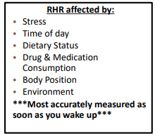 <ul><li><p>Heart Rate when you are at complete rest</p></li><li><p><strong><u>Not Always</u></strong>, indicative of cardiorespiratory fitness</p></li><li><p>Measure for 30 sec x 2</p></li></ul><p><strong><u>Classification </u></strong></p><ul><li><p>Bradycardia (&lt;60 bpm)</p></li><li><p>Normal (60-100 bpm)</p></li><li><p>Tachycardia (&gt;100 bpm)</p></li></ul><p></p>