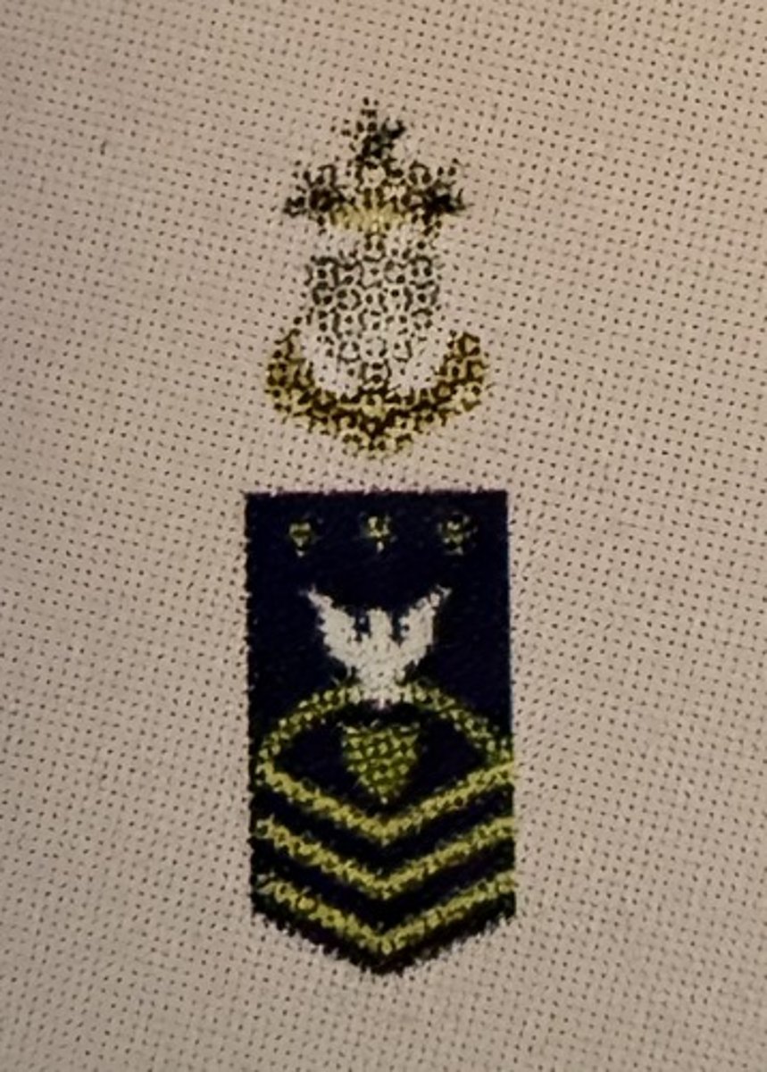 <ul><li><p><strong>Collar Device:</strong> Zero One Gold Anchor Below Zero Three Silver Stars</p></li><li><p><strong>Sleeve Insignia:</strong> Zero Three Gold Chevrons Below Zero One Gold Rocker Below Zero Three Silver Stars</p></li></ul><p></p>