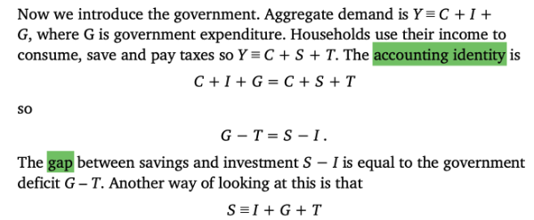 <p><span>consumption + investment + gov exp = consumption + savings + taxation</span></p>