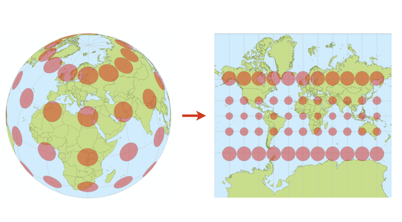 <p>Small circles on the globe placed at the intersection of grid lines to visualize distortion. </p>