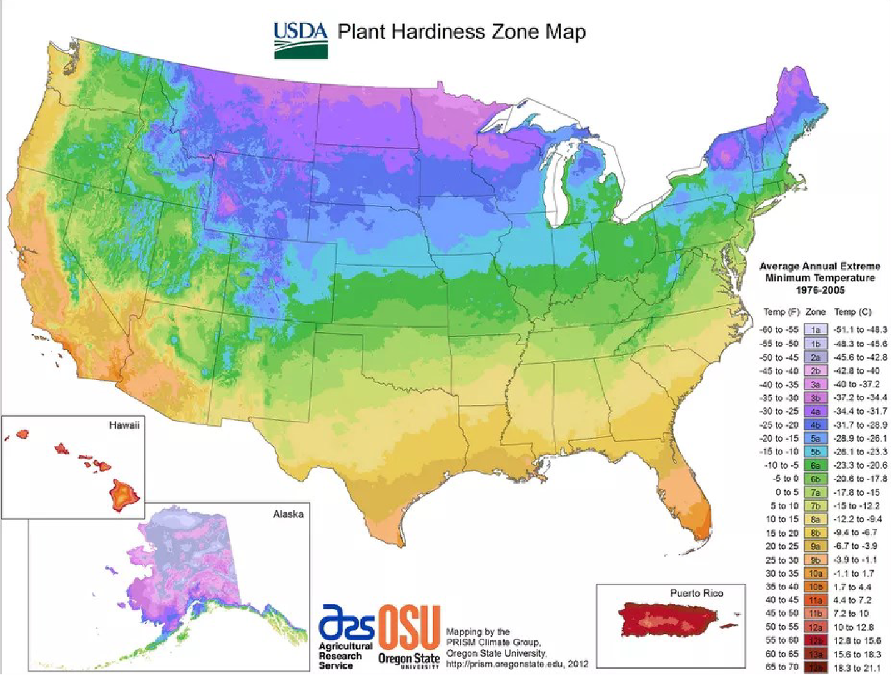 <p>plant hardiness zones are based on average minimum temperature. There are 13 zones that are divided evenly into 10 degree increments </p>