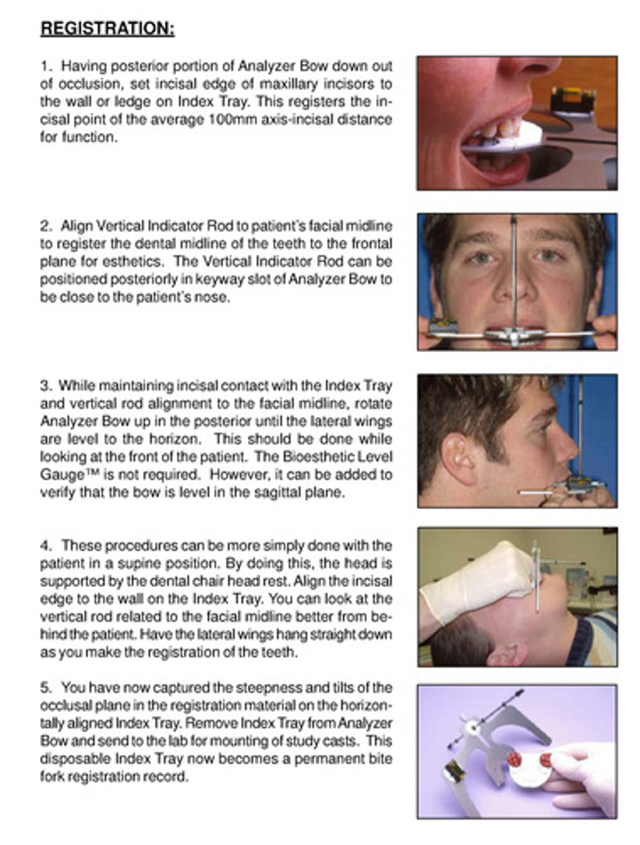 <p>1) set incisal edge of max incisors to wall or ledge on index tray —&gt; registers the incisal point of the average 100 mm axis-incisal distance for function</p><p>2) note that posterior portion should not be rotated to be level with horizon until vertical rod is aligned to patients facial midline</p><p>3) can use the bioesthetic level gauge to ensure lateral wings are level in the sagittal plane</p><p>4) this can be done easier in supine position</p><p>5) you now have bite registration :)</p>