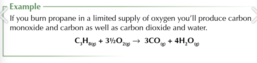 <p>when there’s not enough oxygen present when you burn hydrocarbons you produce particulate carbon )soot) and carbon monoxide</p>