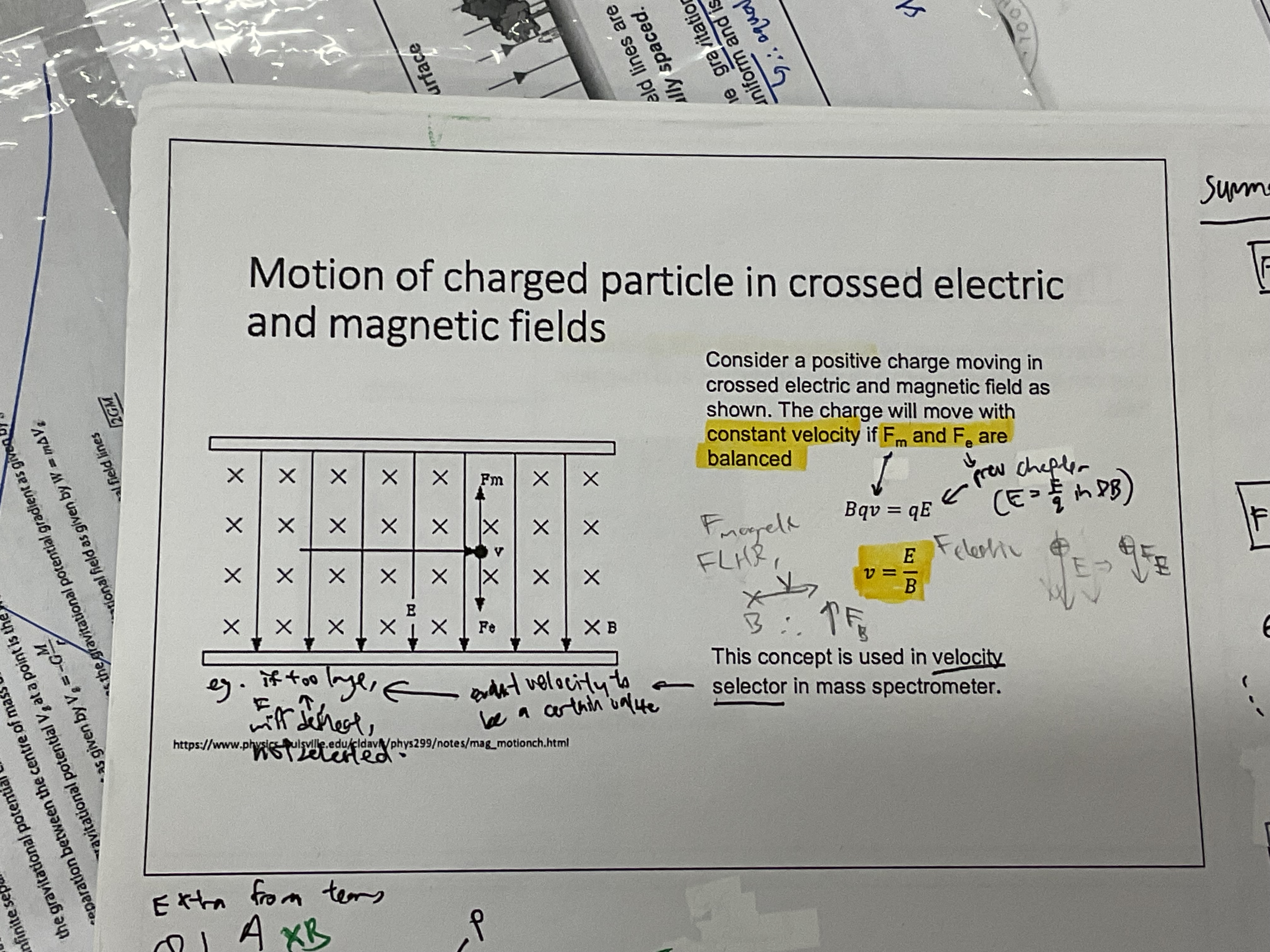 <ul><li><p>if Fb and Fe balanced, Bqv = qE → v=E/B</p><ul><li><p>mag into paper + pos charge to the right → Fb up</p></li><li><p>Fe down because post charge in uniform electric field (parallel plates)</p></li></ul></li><li><p>constant velocity + direction if balanced</p></li></ul>