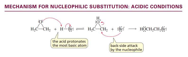 <p>Under acidic conditions the nucleophile prefers to attack the more substituted ring carbon</p>