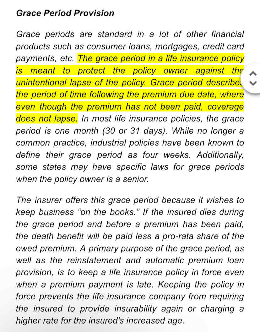 <p>What is an insurance policy's grace period?</p><ul><li><p>Period of time after the initial premium is paid and before the policy is issued</p></li><li><p>Period of time it takes for a policy's underwriting to complete</p></li><li><p>﻿﻿Period of time after a policy is issued and before it is delivered to policyowner</p></li><li><p>﻿﻿Period of time after the premium is due but the policy remains in force</p></li></ul>