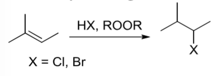 <p>an alkene reacts with <strong>HX, ROOR</strong> (X=Cl, Br)</p>