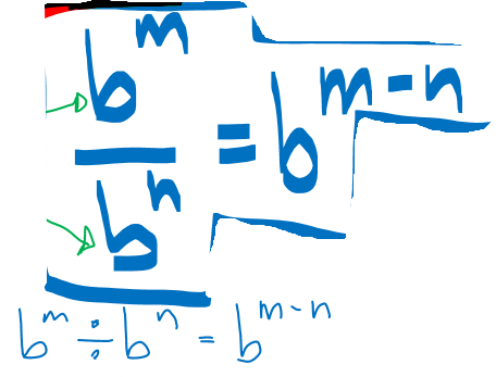 <p>Subtract the exponents:</p><p>xᵃ ÷ xᵇ = xᵃ⁻ᵇ</p><p></p><p>Eg: </p><p>8⁵ ÷ 8² = 8³</p>