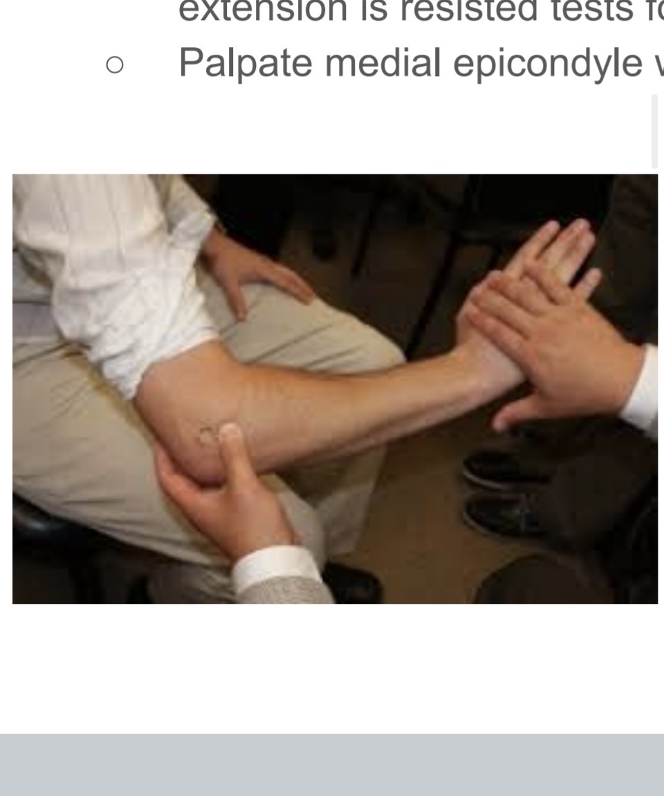 <p>A test where wrist extension is resisted while palpating the lateral epicondyle to assess for lateral epicondylitis.</p>