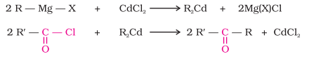 <ul><li><p>Acyl chlorides on treatment with dialkylcadmium gives ketones</p></li></ul>