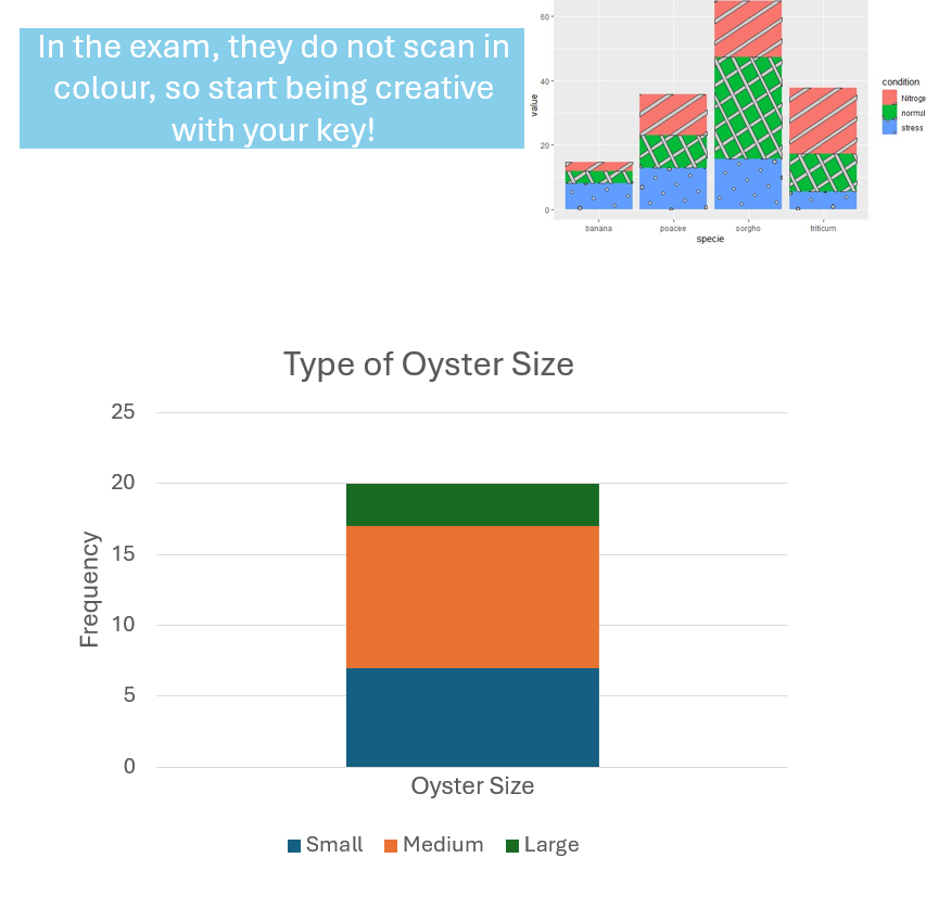 <p>Variation of a bar chart showing <strong>composition over time</strong>.</p><p>Bars are <strong>stacked</strong>, with segments representing different categories.</p><p><strong>Segment lengths</strong> reflect frequencies; total height gives overall frequency.</p><ul><li><p>Include:</p><ol><li><p><strong>Title</strong></p></li><li><p>Equal <strong>y-axis intervals</strong></p></li><li><p><strong>Legend/Key</strong> to identify segments</p></li><li><p><strong>Colors/patterns</strong> for clarity</p></li></ol></li></ul><p></p>