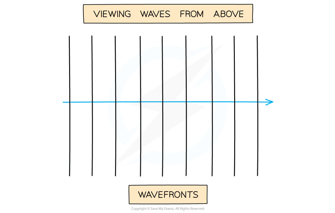 <p>a way of picturing waves from above - each wave is represented by a single line</p><p>arrow (or ray) shows direction that the waves are moving</p><p>space between each wave front = wavelength. close together waves = short wavelength, far apart waves = long wavelength</p>