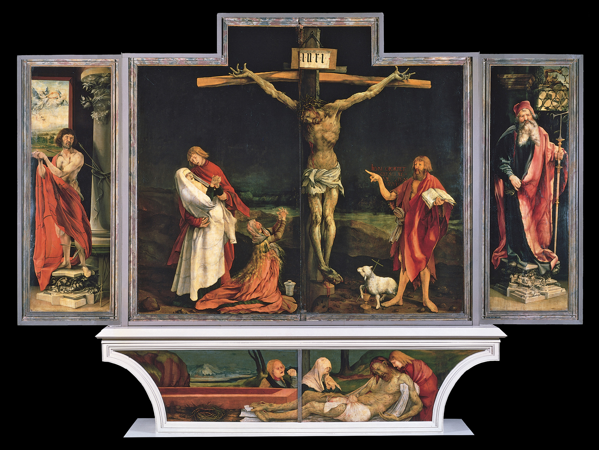 <ul><li><p>Matthais Grünewald</p></li><li><p>crucifixion, lamentation, SS Sebastian, Anthony Abbot</p></li><li><p>1512-5</p></li><li><p>Jesus is putrified </p></li><li><p>prayer before the altarpiece is apart of the healing process</p></li></ul><p></p>