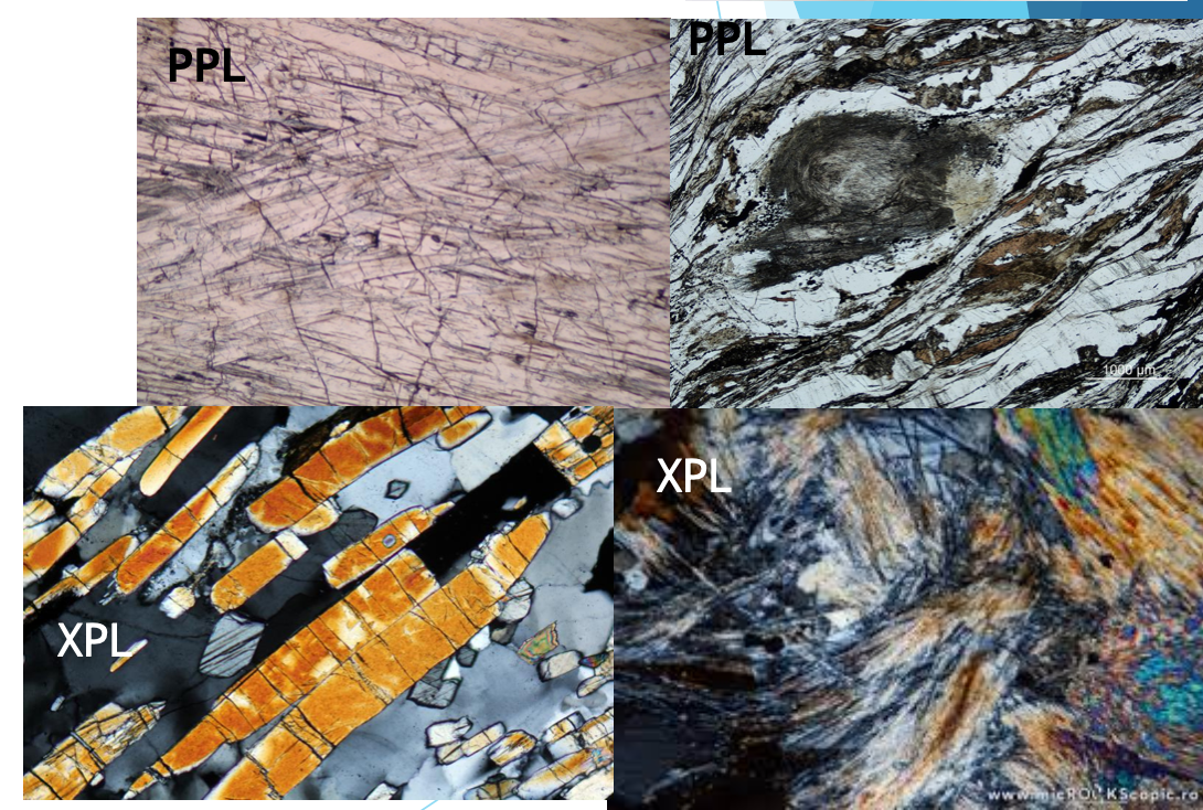 <p><mark data-color="#c2f3be" style="background-color: #c2f3be; color: inherit">Al<sub>2</sub>SiO<sub>5</sub></mark></p><p>Orthosilicates (nesosilicates) </p><p><strong>Hand Sample </strong></p><ul><li><p>Typically white to off-white to tan in color but can be a variety of colors, </p></li><li><p>H between ~5 & 7 due to orientation</p></li><li><p>Slender to fibrous crystals </p></li><li><p>Associated w/ high T metamorphic rocks</p></li></ul><p><strong>PPL </strong></p><ul><li><p>High relief & slender prismatic crystals typical</p></li></ul><p><strong>XPL </strong></p><ul><li><p>1<sup>st</sup> order birefringence (pale yellow) & parallel extinction</p></li></ul><p></p>