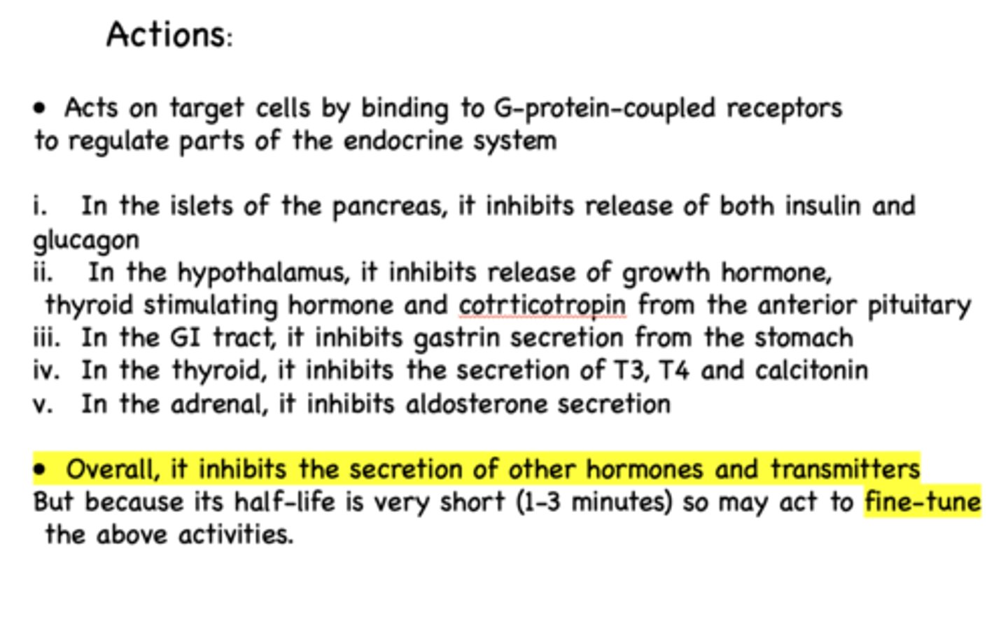 <p>inhibits hormone and transmitters secretion</p>
