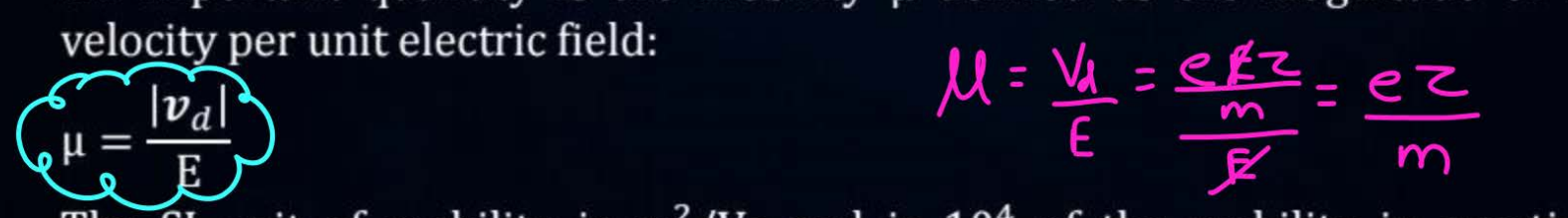 <p>v<sub>d</sub> → Drift velocity</p><p>E → Electric field</p><p>t → Relaxation time</p>