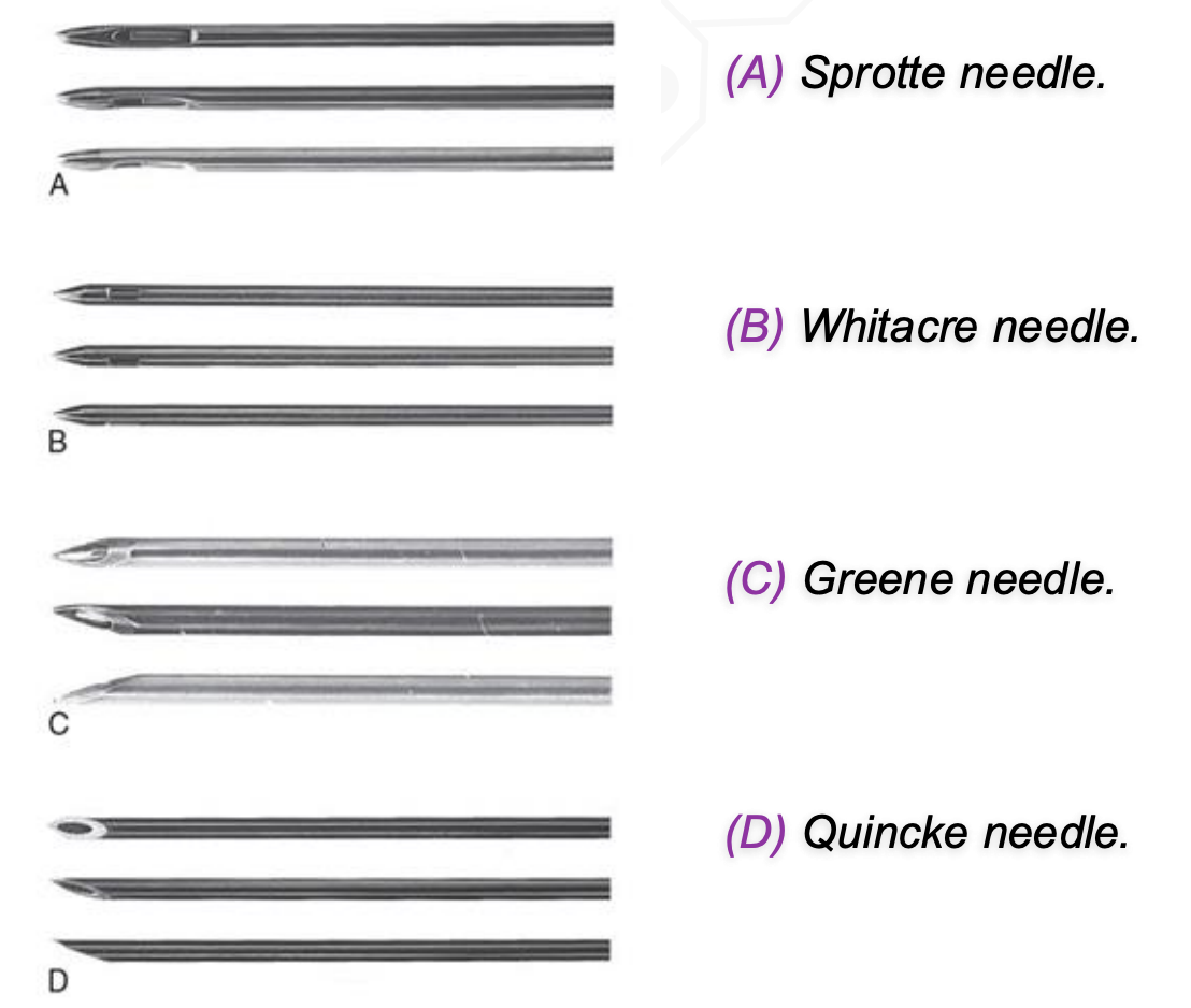 <p>Spinal Needles</p><ul><li><p><strong>Pencil‑point (Sprotte, Whitacre) → ↓ PDPH</strong></p></li><li><p><strong>Cutting needles (Quincke, Greene) → ↑ PDPH</strong></p></li></ul><p></p>