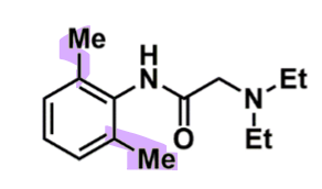 <ul><li><p>need 2,6 dimethylbenzene conformation to be active </p></li><li><p>binds to Na channels </p></li><li><p>rapid first pass effect </p><ul><li><p>lots of reactive metabolites </p></li></ul></li></ul><p></p>