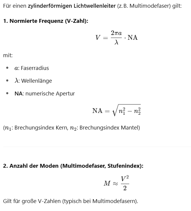 <p><strong>Je größer die V-Zahl</strong>, desto <strong>mehr Moden</strong> können sich in der Faser ausbreiten.</p><p>Möchtest du die Formeln auch grafisch aufbereitet oder ein Beispiel sehen?</p>