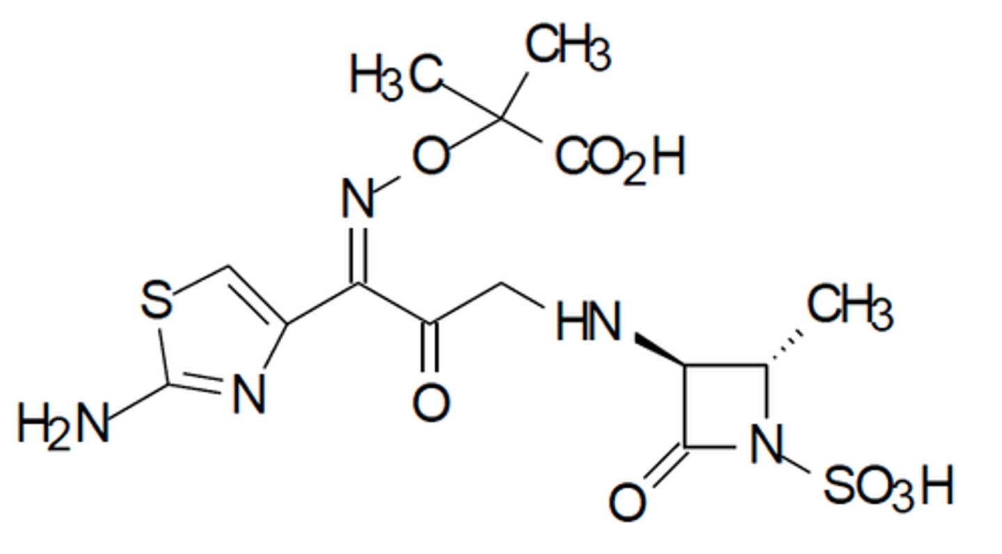 <p>Beta-lactam ring not fused to another ring</p><p>- Monobactam</p><p>- Not cross reactive with other abx</p>