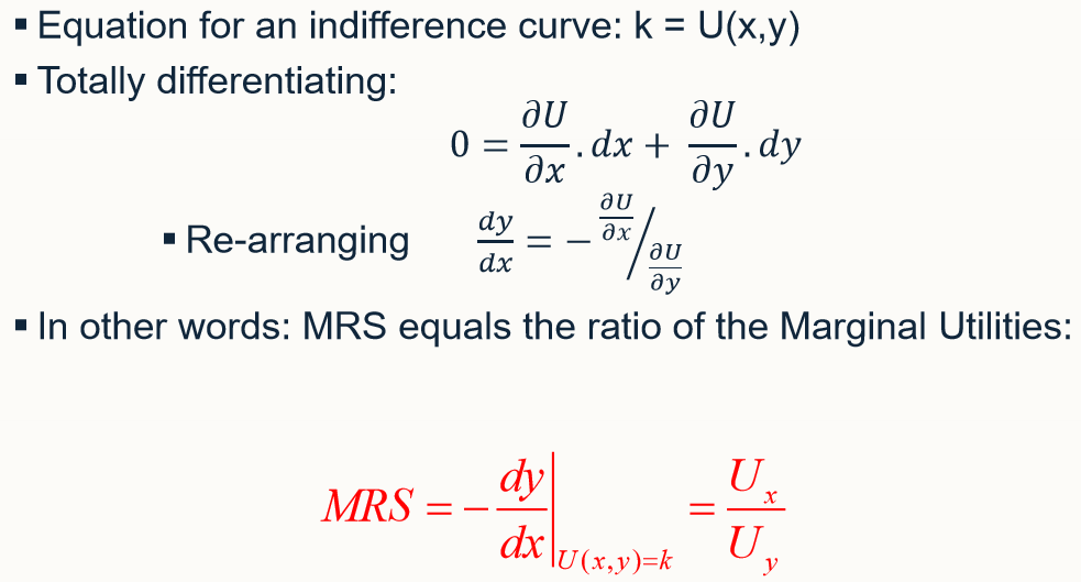 <ul><li><p>The rate at which x can be traded for y is given by the negative of the ratio of the marginal utility of good x to that of good y. Assuming additional amounts of both goods provide added utility, this trade off rate will be negative, implying that increases in the quantity of good x must be met by decreases in the quantity of good y to keep utility constant.</p></li><li><p>MRS at a particular combination of goods will be unchanged no matter what specific utility ranking is used.</p></li></ul><p></p>