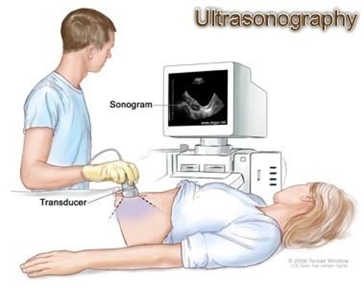 <p>Máy siêu âm - dùng sóng âm để quan sát bên trong cơ thể. (The doctor used an ultrasound machine to check the baby - Bác sĩ dùng máy siêu âm kiểm tra thai.)</p>