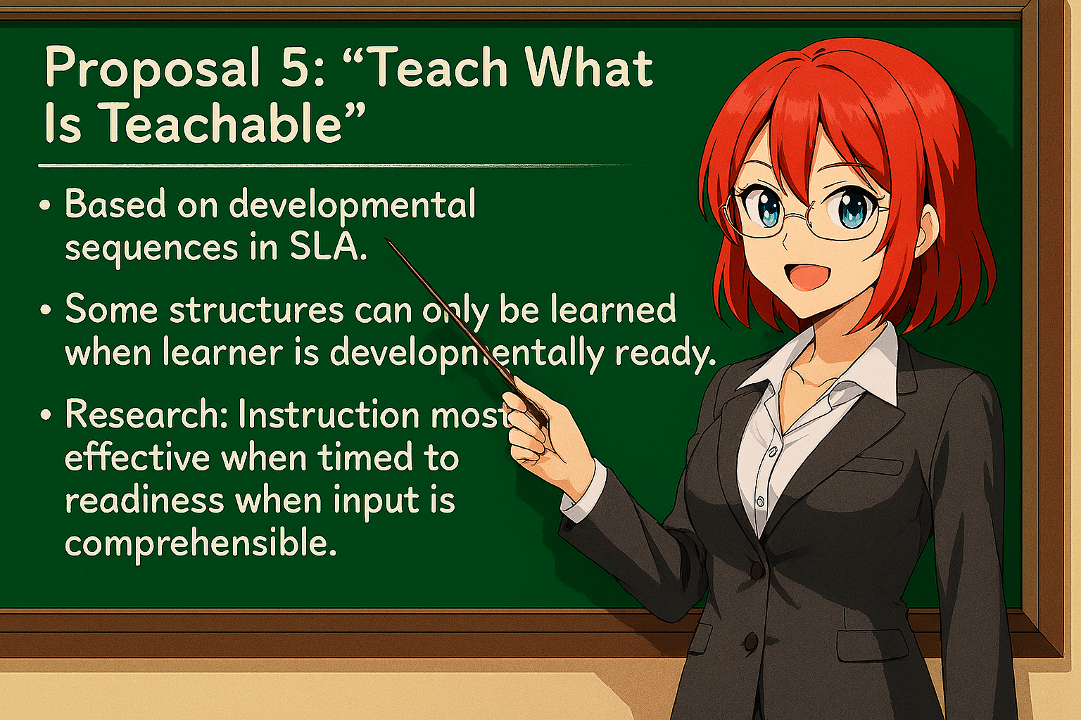 <ul><li><p>Based on developmental sequences in SLA.</p></li><li><p>Some structures can only be learned when learner is developmentally ready.</p></li><li><p>Research: Instruction most effective when timed to readiness.</p></li></ul><p></p>