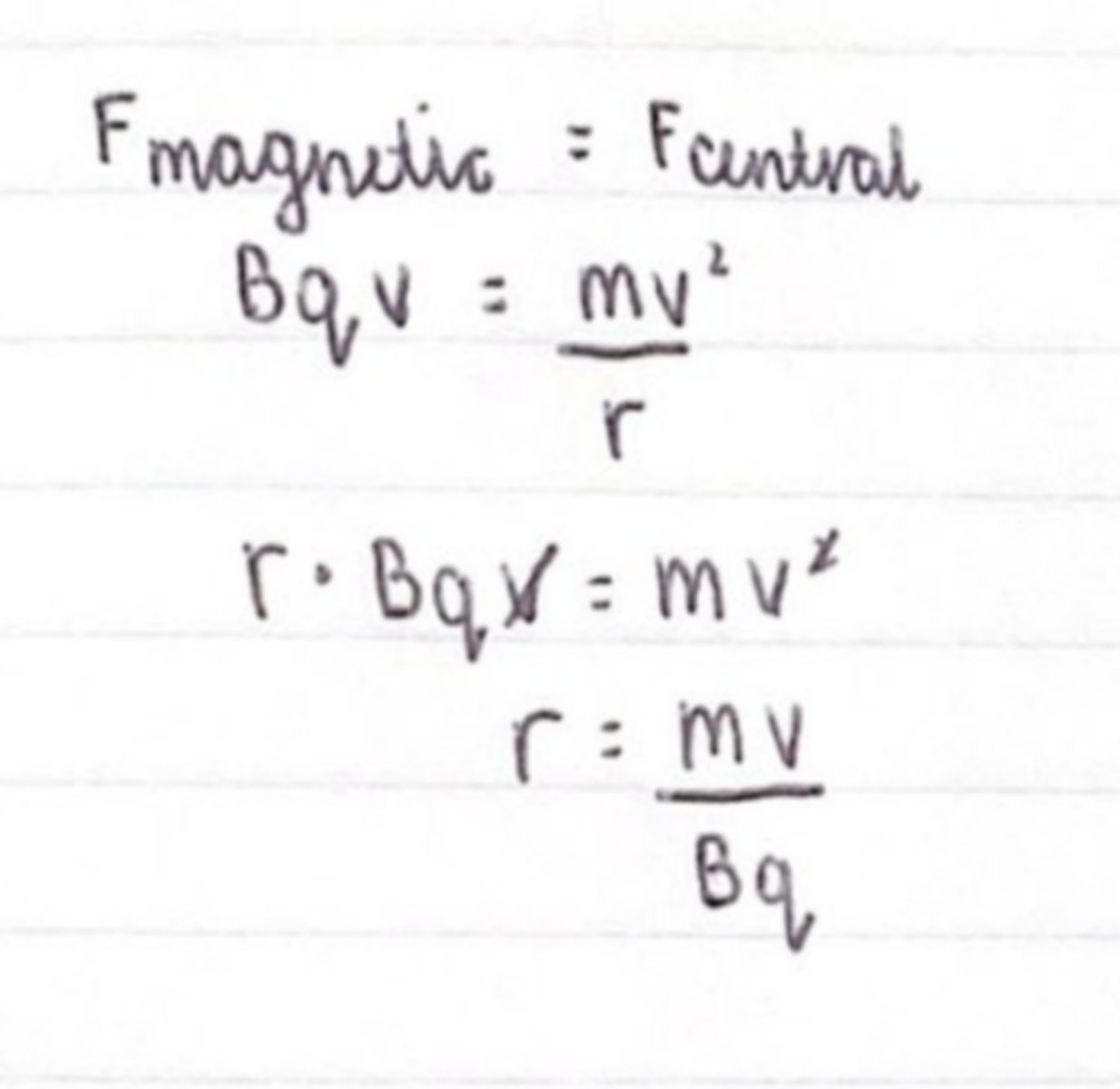 <p>Faster moving particles with speed v move in larger circles (larger r):</p><p>Particles with greater mass m move in larger circles:</p><p>Particles with greater charge q move in smaller circles:</p><p>Particles moving in a strong magnetic field B move in smaller circles:</p>