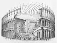 retractable fabric awning to shield amphitheater