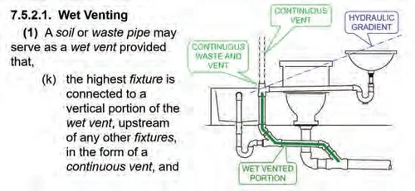 <p>Section 812 - Vertical Wet Venting</p><p>The vertical piping between any two (2) consecutive inlet levels shall be considered a wet-vented section. Each wet-vented section shall be a minimum of:</p><p>1. ___________ larger than the required minimum waste pipe size of the upper fixture, or</p><p>2. ___________larger than the required minimum pipe size for the sum of the fixture units served by such wet-vented section, </p><p>whichever is larger, but in no case less than _________ in diameter.</p>