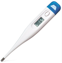 <p>This thermometer can be used for oral, rectal, and axillary temperature readings.  It usually takes between 2 and 60 seconds to register the temperature.  It is battery-operated and is covered by a protective sheath when used on patients. </p>