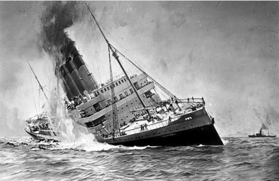 <ul><li><p>Between February and May 1915, 90 ships went to the bottom in this newly defined zone</p></li><li><p>On May 7 the British passenger liner Lusitania, laden with ammunition and other contraband material purchased in the United States was sunk by a german submarine off the coast of Ireland</p></li><li><p>128 American citizens died</p></li></ul><p></p>