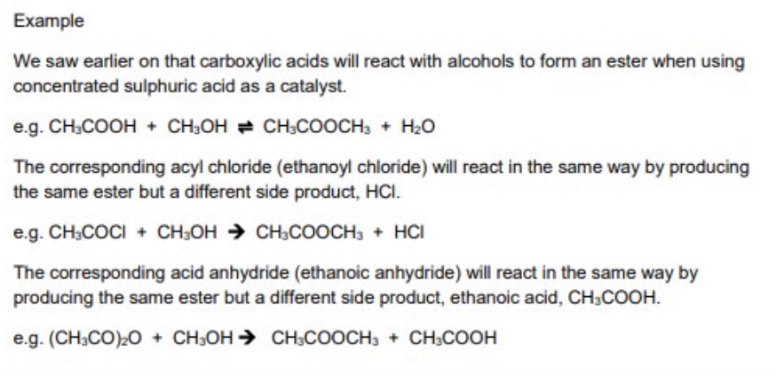<ul><li><p>they react in the same way to produce the same carboxylic acid</p></li><li><p>but will produce a different side product </p></li></ul><p></p>